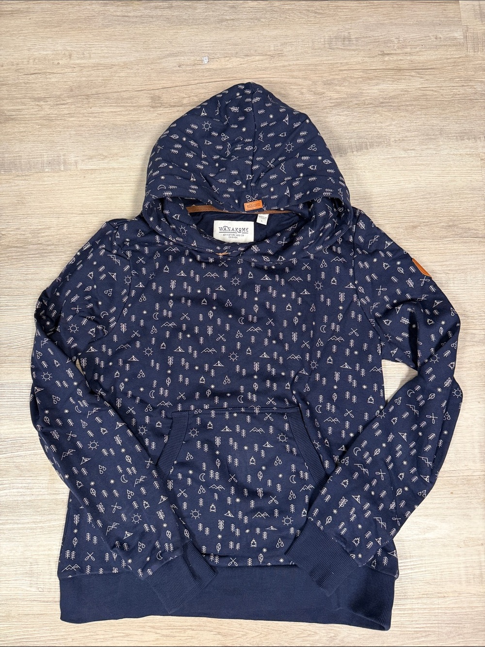Wanakome Navy Blue Hooded Sweatshirt with Cream Micro Print